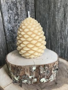 a pine cone candle sitting on top of a tree stump in front of a wooden wall