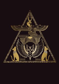 an egyptian pyramid with two cats sitting on the bottom and one cat in the middle