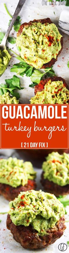 guacamole turkey burgers with avocado on top and the title overlay