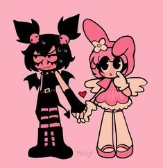 two cartoon characters holding hands on a pink background