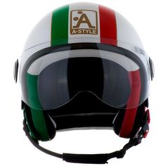 a white helmet with red, green and white stripes on the side is shown against a white background