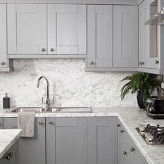 a kitchen with marble counter tops and gray cabinets, along with a plant in the corner