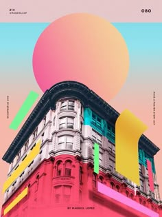 a building with colorful shapes on it and a pink sky in the backround