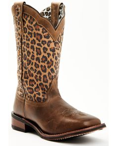 Laredo Women's Leopard Print Western Performance Boots - Broad Square Toe, Chocolate Crocs Business, Square Toe Cowgirl Boots, New Boot Goofin, Punchy Outfits, Cute Cowgirl Boots, Square Toe Western Boots, Trail Ride, Leopard Print Boots, Western Shoes