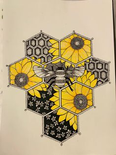 a drawing of bees and sunflowers on a piece of paper with honeycombs