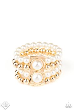 WEALTH-Conscious - Gold Held in place with a hammered gold frame dotted with two oversized white pearls, strands of classic gold beads and white pearls are threaded along stretchy bands that wrap around the wrist in a glamorously layered look. Sold as one individual bracelet. Golden Birthday Gifts, Paparazzi Fashion, Gold Pearl Bracelet, Hammered Gold, Paparazzi Accessories, Classic Gold, Paparazzi Jewelry, Beaded Stretch Bracelet, Layered Look