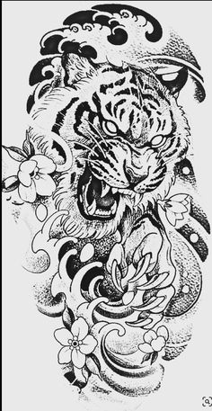 an ink drawing of a tiger with flowers