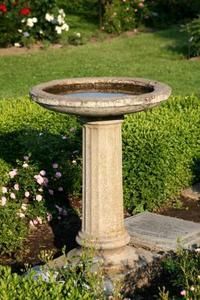 a bird bath sitting on top of a cement slab in front of some bushes and flowers