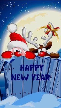 two reindeers in santa hats sitting on top of a wooden fence with the words happy new year