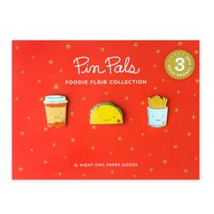 three pins with food and drinks on them in front of a red card that says pin pals