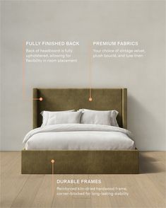 an image of a bed with information about the frame and headboard details on it