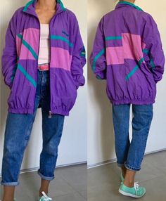 Colorful Jacket 90s, Oversized 80s Jacket Outfit, 90s Fashion Purple, 80s Color Block Outfit, 80s Purple Outfit, Purple Retro Outfit, 80s Aesthetic Outfits Colorful, 80s Outfit For Women, 80s Jackets Women