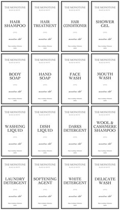 twelve black and white book covers with the words soap, lotion, shampoos,