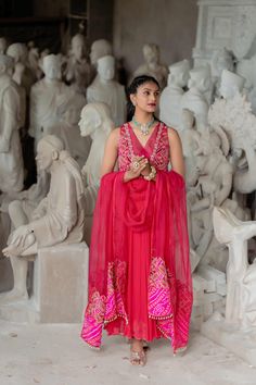 Hot Pink Anarkali Suit Deep V Neck Sleeveless Hand Embroidery Anarkali Dupatta Dress Indian Wedding Ethnic Wear Readymade Anarkali Dress Item Contain - Anarkali Suit with Dupatta  Material : Chinnon Silk, Organza  Color : Hot  Pink Work : Hand Embroidery Work Top Length : 50 Bottom Length :  Size chart attached in images mentions garment measurements in inches. For any sizing queries or getting a customized fit, please message us on Etsy. WASH & CARE Gentle hand wash separately from other garmen Traditional Sleeveless Anarkali Set With Cutdana, Sleeveless Salwar Kameez For Eid Reception, Semi-stitched Sleeveless Anarkali Set With Cutdana, Sleeveless Anarkali Lehenga With Dupatta, Sleeveless Georgette Traditional Wear For Wedding, Chanderi Lehenga With Zari Work, Sleeveless Georgette Salwar Kameez For Reception, Traditional Sleeveless Salwar Kameez For Reception, Sleeveless Resham Embroidered Choli For Eid