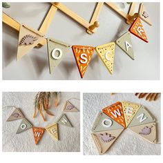 three pictures of different shapes and sizes of pennants hanging on the wall with letters that spell out