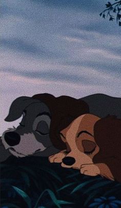 lady and the tramp sleeping together with each other in front of a blue sky