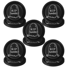 six black plastic halloween plates with the words rip and tombstones written on each plate