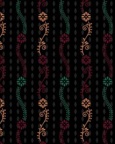 a black background with red, green and orange flowers on it's side seamlessly