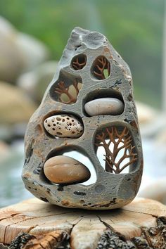 a rock sculpture sitting on top of a tree stump next to some rocks and water