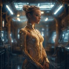 a woman standing in a sci - fi setting with her hands on her hips and looking off to the side