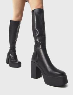 Trending Slick Nicks Wide Fit Knee High Boots: elegant design, platform sole, 4-inch heel. Add height and style to any outfit. Ethical and cruelty-free. Perfect for wide calfs! Platform Knee High Boots, Knee High Platform Boots, Clothing Wishlist, Funky Shoes, Vegan Boots, Wide Calf, Boots Knee, Chunky Boots, Boots For Sale