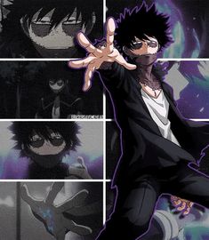 an anime character with black hair and glasses in front of four different images, one is pointing