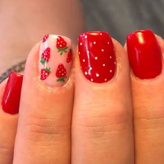 Summer Strawberry Nails, Strawberries Nails Designs, Strawberries Nail Art, Nails Strawberry Design, Strawberry Nails Ideas, Girly Nail Art Designs, Nails With Strawberry Design, Summer Nails Strawberries, Strawberry Nails Square