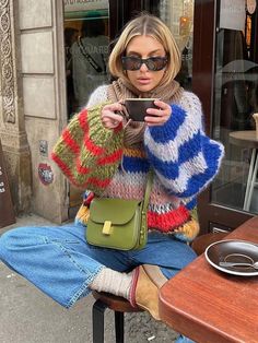 TAVIMART - Casual Knitted Colorful Stripes Sweater Women Fashion O Neck Puff Long Sleeves Short Pullover Autumn Lady High Street Jumper Oversized Striped Sweater, Lantern Sleeve Sweater, High Street Fashion, Winter Pullover, Puff Long Sleeves, Warm Sweaters, Loose Sweater, Long Puff Sleeves, High Fashion Street Style