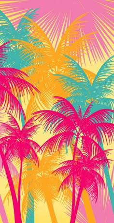 three palm trees against an orange and pink background