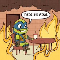 a cartoon character sitting at a table in front of a fire and holding a drink