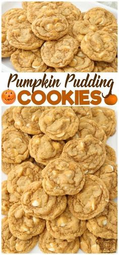 pumpkin pudding cookies stacked on top of each other with the words, pumpkin pudding cookies