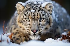 a snow leopard is walking through the snow with it's eyes open and looking at the camera