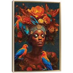 a painting of a woman with birds on her head