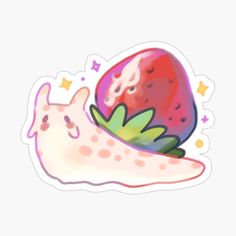 a snail with a strawberry on it's back and stars in the background sticker