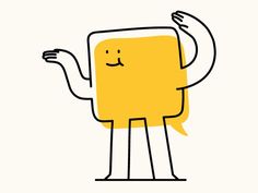 a drawing of a yellow square character with arms and legs, holding his hand up in the air