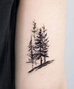 a black and white ink drawing of trees on the right upper half of the arm