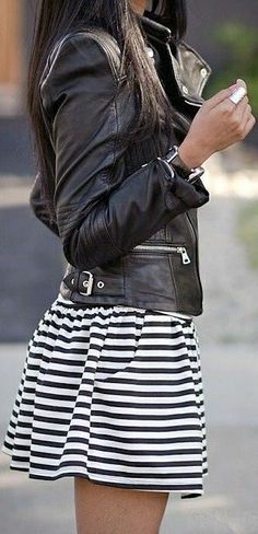 Pair Black and white striped skirt with leather jacket. Cute! Street Mode, Leather Jacket Fashion, Rocker Girl, Punk Princess, Style Muse, 2015 Trends, Bohol, Ring Earring, Outfit Trends