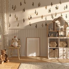 a teddy bear sitting on top of a wooden chair next to a book shelf filled with books