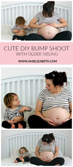 a woman sitting on top of a bed with a baby in her lap and the words cute diy bump shoot with older sibling