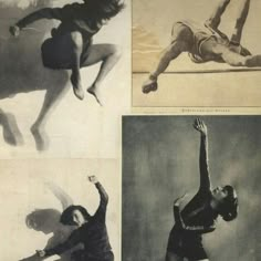 four different pictures of women in leotards and ballet clothes, one with her legs spread out