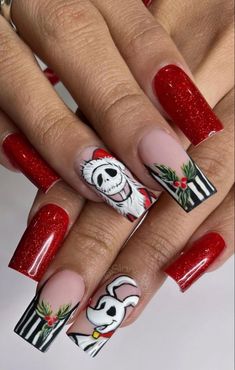 Nightmare Before Christmas Nails For Christmas, Christmas Character Nail Art, Lock Shock And Barrel Nails, Simple Xmas Acrylic Nails, Christmas Cartoon Nails, Jack Skellington Christmas Nails, Nbc Nails, Christmas Movie Nails, Cristhmas Nails