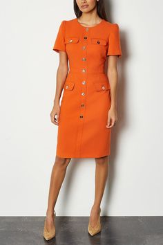 Utility Dress Orange Fitted Knee-length Midi Dress, Fitted Short Sleeve Dress With Pockets, Formal Orange Knee-length Mini Dress, Office Fitted Dress With Pockets, Office Midi Dress With Pockets, Fitted Office Dresses With Pockets, Summer Bodycon Midi Dress For Work, Fitted Sheath Dress With Buttons, Workwear Dress With Pockets And Midi Length