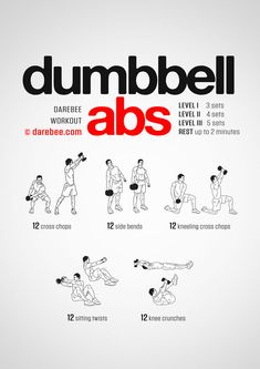 the dumbbell abs workout poster shows how to use dumbbells for strength and flexibility