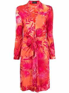 Fuchsia pink/carrot orange silk 2000s Jungle print silk dress from Versace Pre-Owned featuring gathered detailing, knot detailing, V-neck, front button fastening, long sleeves, straight hem, above-knee length, circa 2000s and Jungle print. POSITIVELY CONSCIOUS: Purchasing this item continues its narrative and reduces the environmental impact of using new resources. You can be confident that you’re making a better choice for the Planet.. | Versace Pre-Owned 2000s Jungle print silk dress Pure Silk Dress, Versace Runway, Print Silk Dress, Versace Pink, Karen Elson, Designer Evening Dresses, Donatella Versace, Jungle Print, Silk Print Dress