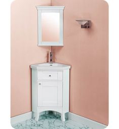 a bathroom with pink walls and marble flooring is pictured in this image, there is a mirror on the wall above the sink