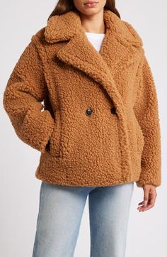 Delightfully soft teddy faux shearling makes this double-breasted coat a favorite choice for temperature dips. 28" length (size Medium) Notched lapels Lined 100% polyester Dry clean Imported Sherpa Jacket Outfit, Faux Shearling Coat, Soft Teddy, Teddy Coat, Shearling Coat, Sherpa Jacket, Double Breasted Coat, Free Fabric, Crochet Clothes