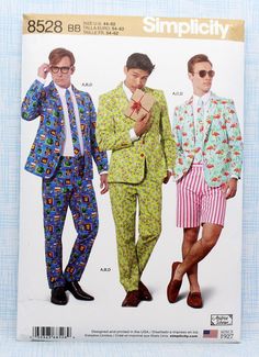 "Men's Crazy Suit costume sewing pattern, Uncut/FF, Men's Size 44 46 48 50 52. Andrea Schewe costume pattern. Pattern features a two-button jacket with large front pockets, suit pants, shorts, and tie. Body Measurements: Chest:  44\" to 52\" Waist:  39\" to 48\" Hip:  45\" to 53\" Pattern envelope has minor tears/folds/discoloration due to age and storage (see pictures).   This is for a sewing pattern only, not a finished product. Each Pattern is protected in a plastic sleeve. I use padded envel Men Sewing Patterns, Crazy Suits, Halloween Costume Sewing Patterns, Sewing For Men, Suit Sewing Patterns, Western Costume, Mens Sewing Patterns, Suit Inspiration, Costume Sewing