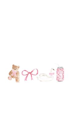 two teddy bears and a baby bottle on a white background with pink ribbon tied around them