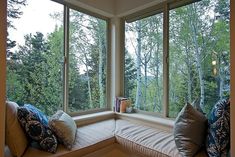 a window seat with pillows on it in front of some trees and a book shelf