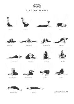 an image of people doing yoga poses in black and white, with the words yin yoga asaanas